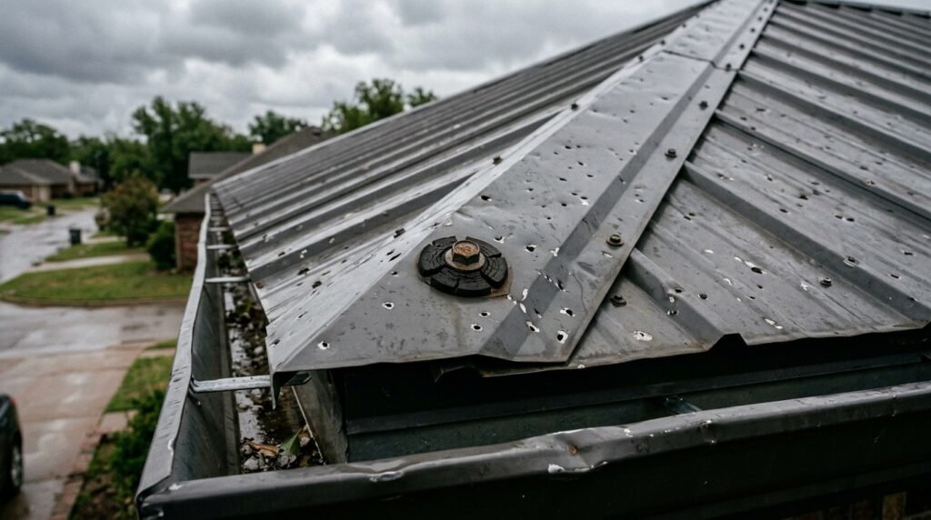Hail damage on a metal roof in Oklahoma City after a storm