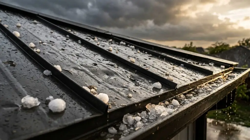 Hail damage on a metal roof in Oklahoma City after a storm