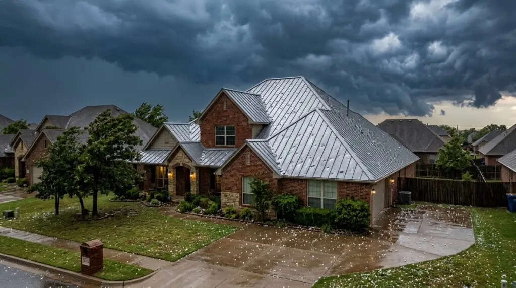 Hail damage on a standing seam metal roof of an Oklahoma City home during a severe storm