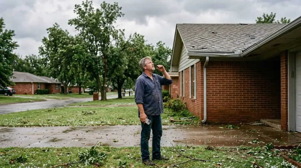 Homeowner inspecting hail-damaged roof in Oklahoma City