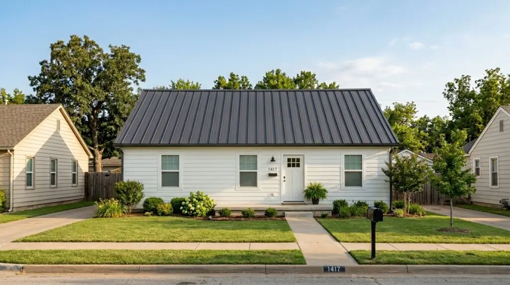 Simple Oklahoma home with standing seam metal roof under clear blue sky