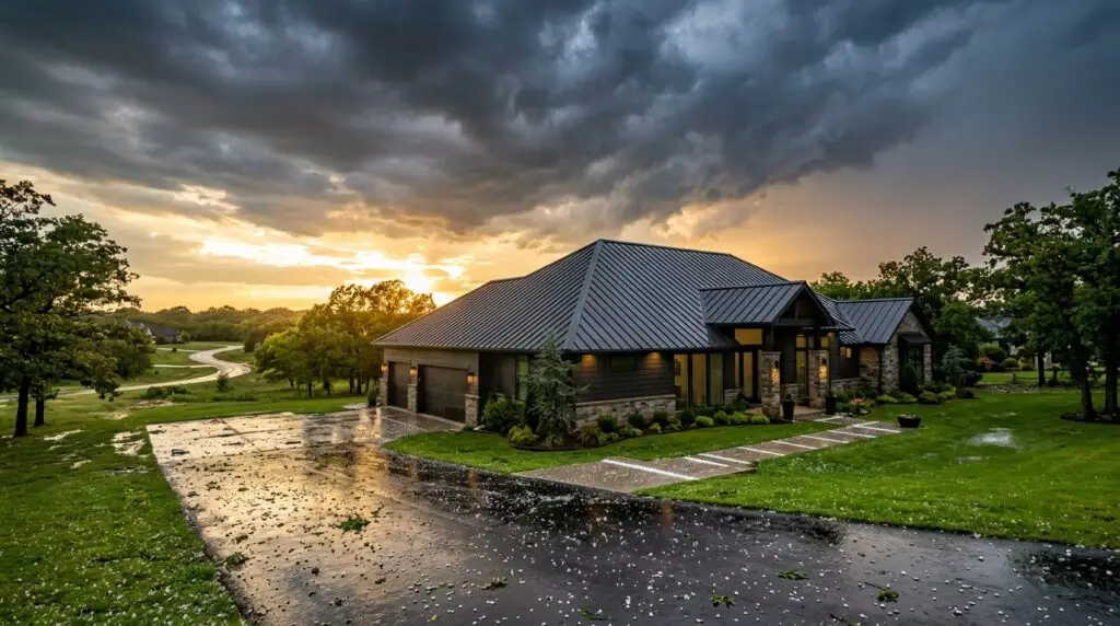 Standing seam metal roof on Oklahoma City home after hailstorm with storm clouds clearing in background