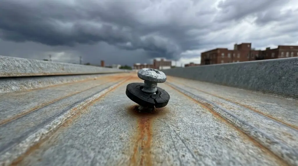 Close-up of a loose metal roof fastener with a cracked neoprene washer and rust streaking on a weathered steel panel in Oklahoma City