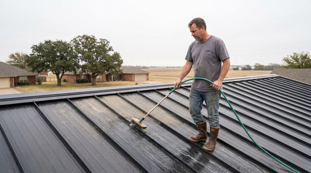 Oklahoma City homeowner cleaning a standing seam metal roof safely using a soft bristle brush and garden hose on an overcast day