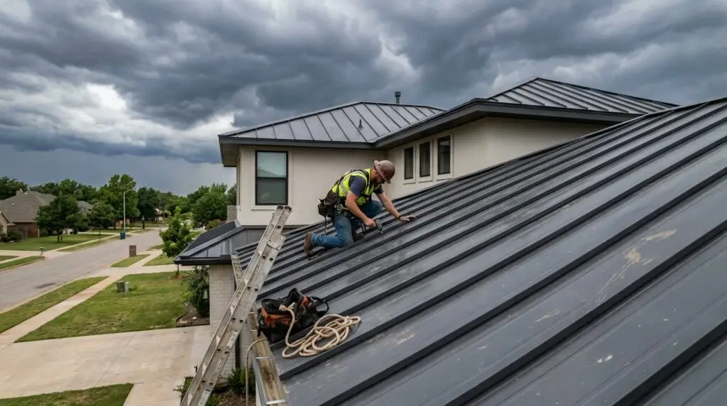 Metal roof inspection in Oklahoma City home with roofer checking panels before storm