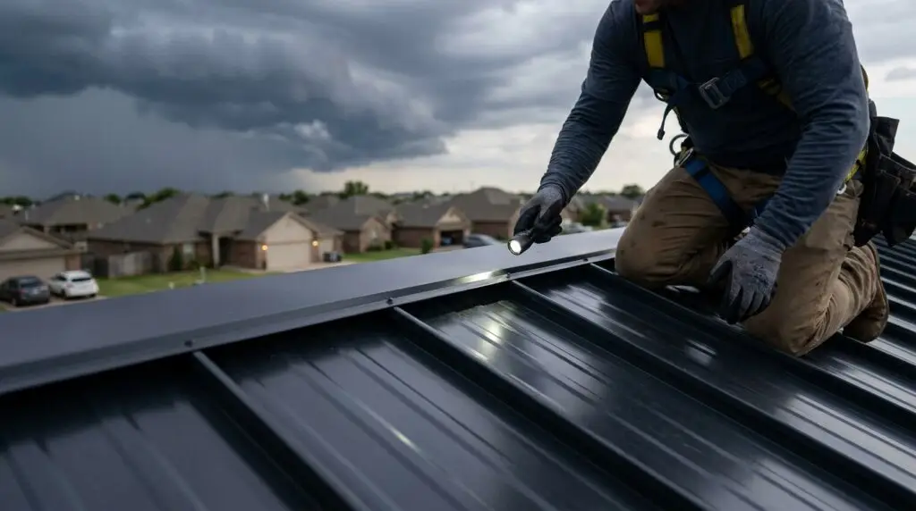 Metal roofing contractor inspecting ridge cap seams on an OKC home to prevent roof leaks before storm season