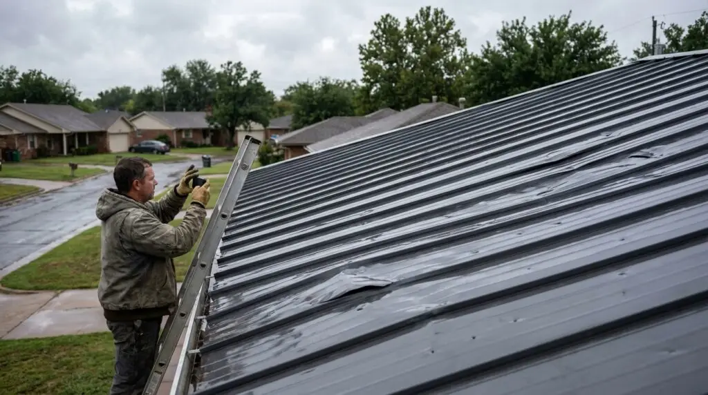 Oklahoma City homeowner documenting hail damage on a metal roof for an insurance claim.