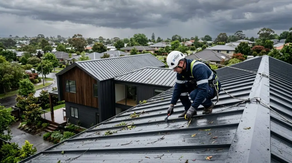 Professional roofer inspecting a metal roof for storm damage in Oklahoma City.