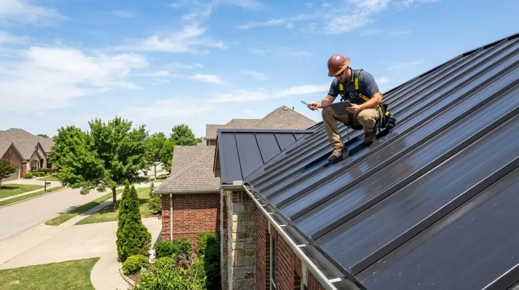 Professional roofer inspecting standing seam metal roof on Oklahoma City home after storm season
