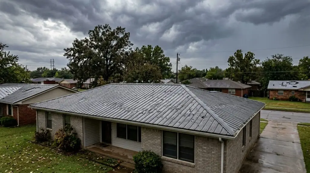 Storm-damaged metal roof after Oklahoma City hailstorm
