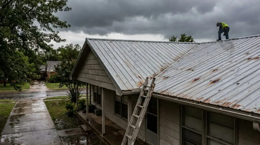 Storm-damaged metal roof in Oklahoma City showing hail dents, rust spots, and leak signs on residential home