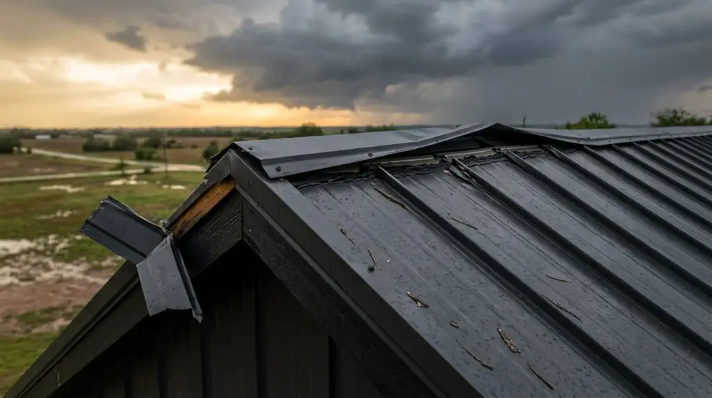 Wind damage on a metal roof showing lifted ridge cap and separated panels after an Oklahoma storm