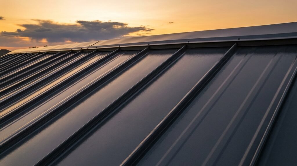 Metal roof coating on a residential home in Oklahoma City with standing seam panels and storm clouds in the background