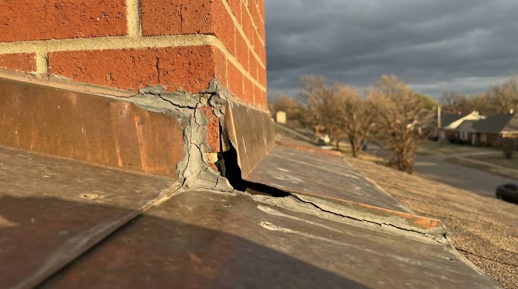 Metal roof flashing failure at chimney base showing cracked sealant — Oklahoma City home