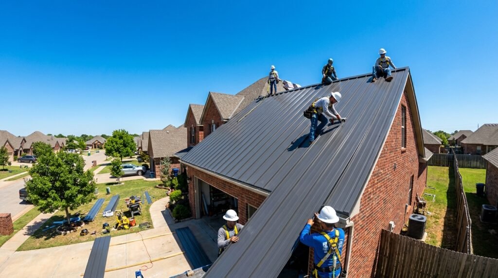 Professional metal roof installation on Oklahoma City home showing standing seam panels being installed step by step