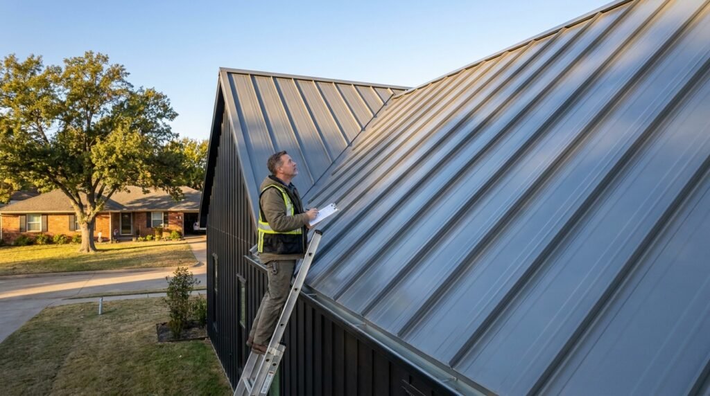 Homeowner inspecting a standing seam metal roof in Oklahoma City during a maintenance checkup on a clear morning