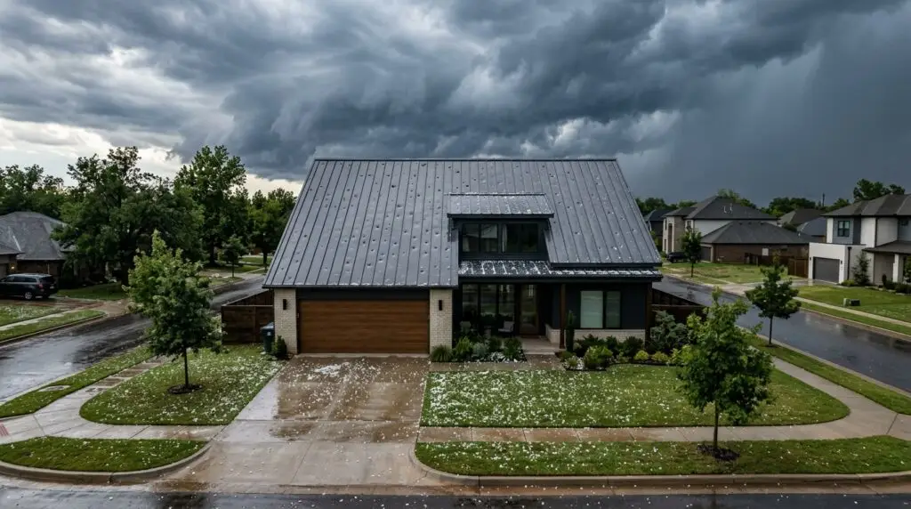Modern grey metal roof with hail damage in Oklahoma City neighborhood under a stormy sky