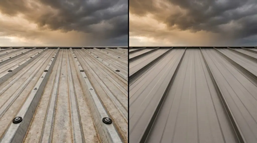 Side-by-side comparison of exposed fastener and standing seam metal roof systems on an Oklahoma City home
