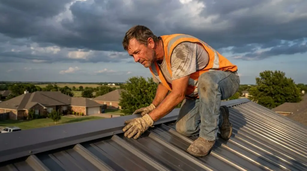 Metal roofing contractor inspecting standing seam roof panels on a residential home in Oklahoma City before a storm