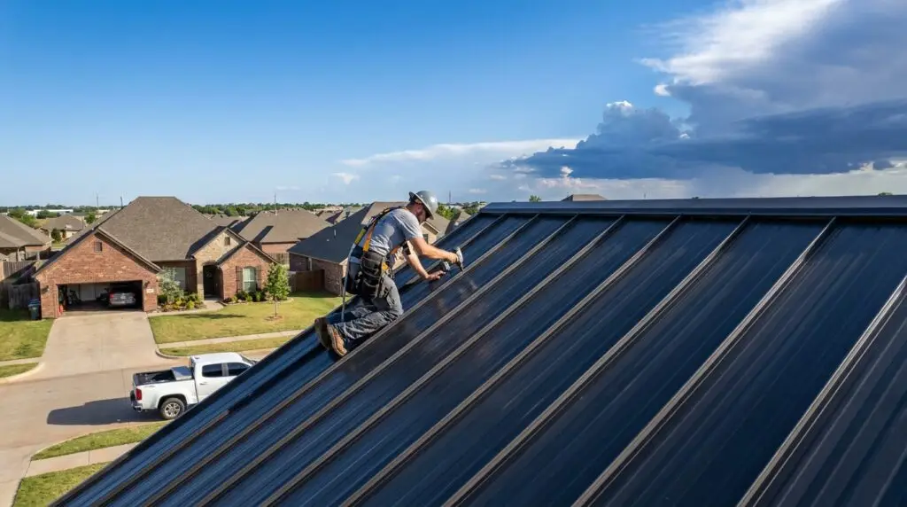 Metal roof installation on Oklahoma City home showing standing seam panels being installed by a professional roofer