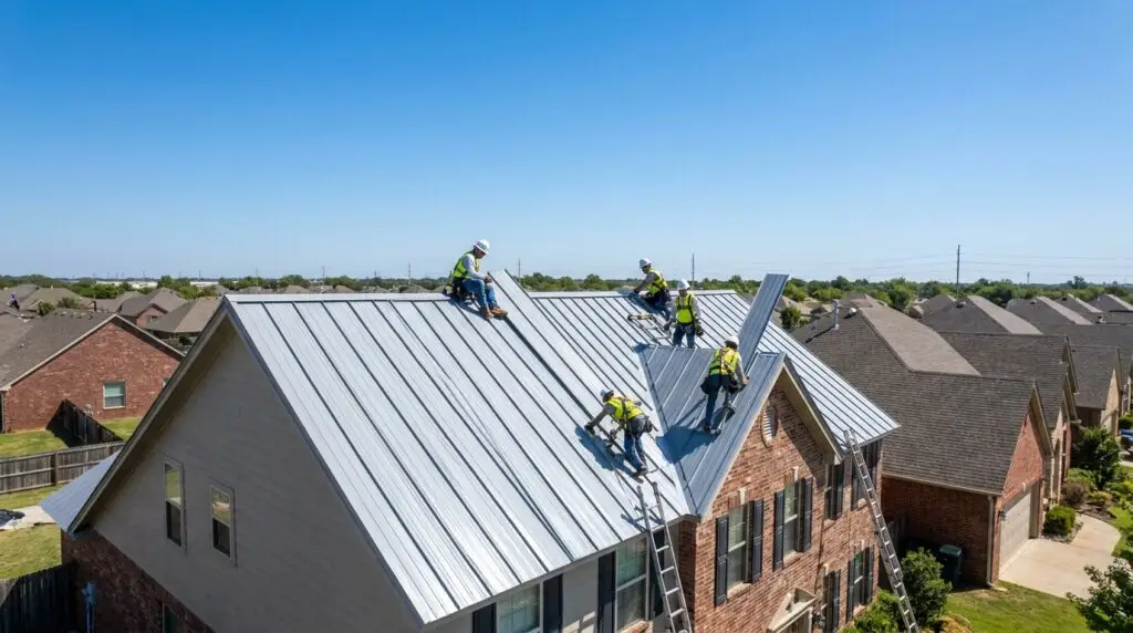 Metal roof installation in progress on an Oklahoma City home showing standing seam panels being installed by a professional roofing crew