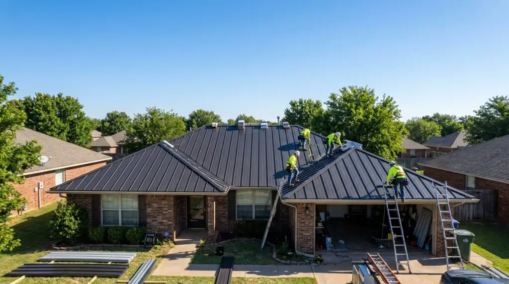 Professional crew installing standing seam metal roof on Oklahoma City home during replacement project