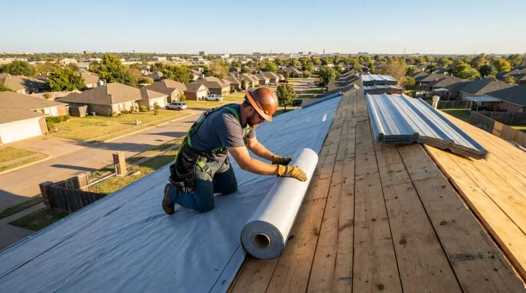 Metal roof underlayment installation on a residential home in Oklahoma City
