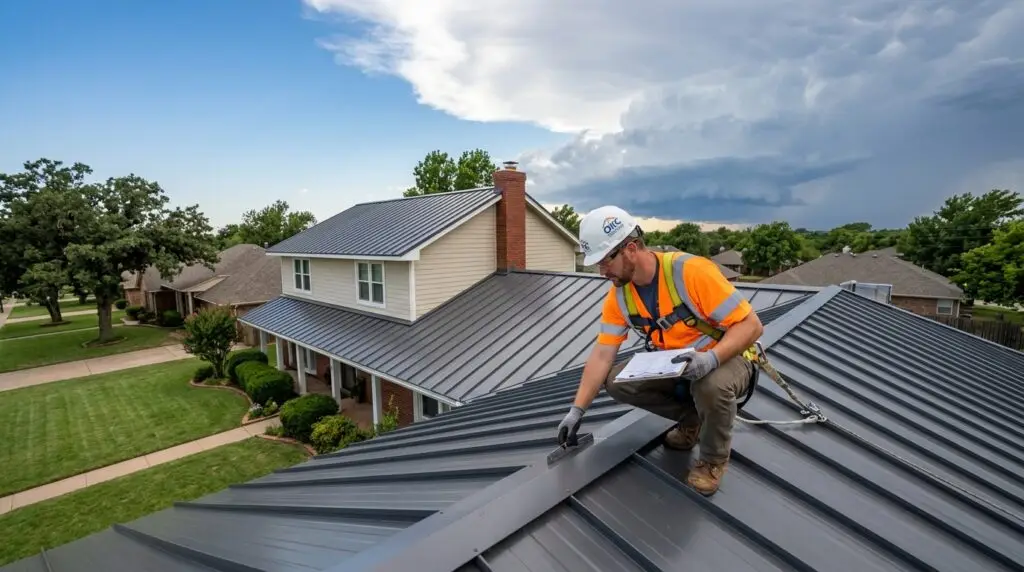 Metal roofing contractor inspecting a standing seam metal roof on a residential home in Oklahoma City