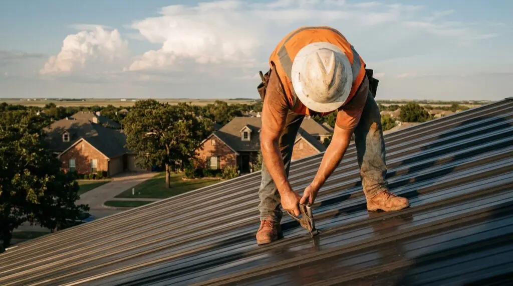 Metal roofing contractor installing standing seam panels on a residential home in Oklahoma City during spring storm season