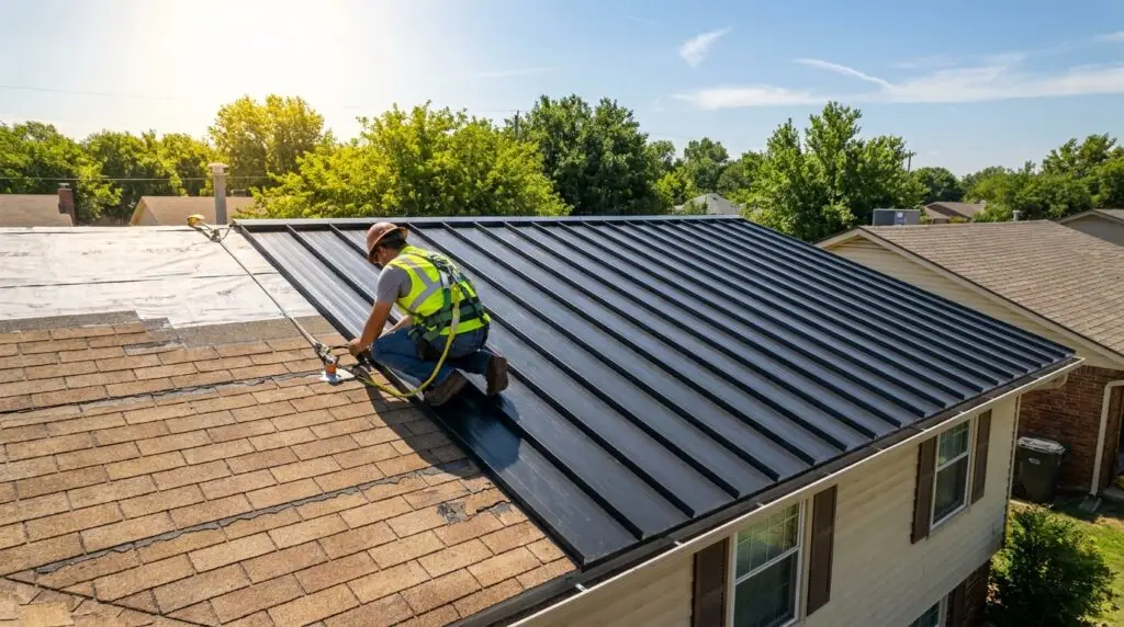 Metal roofing being installed over existing asphalt shingles on an Oklahoma City home
