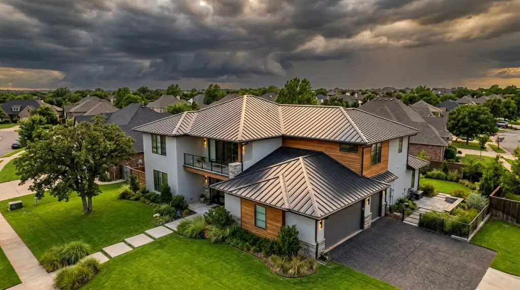 Standing seam metal roof on a residential home in Oklahoma City with storm clouds in the background