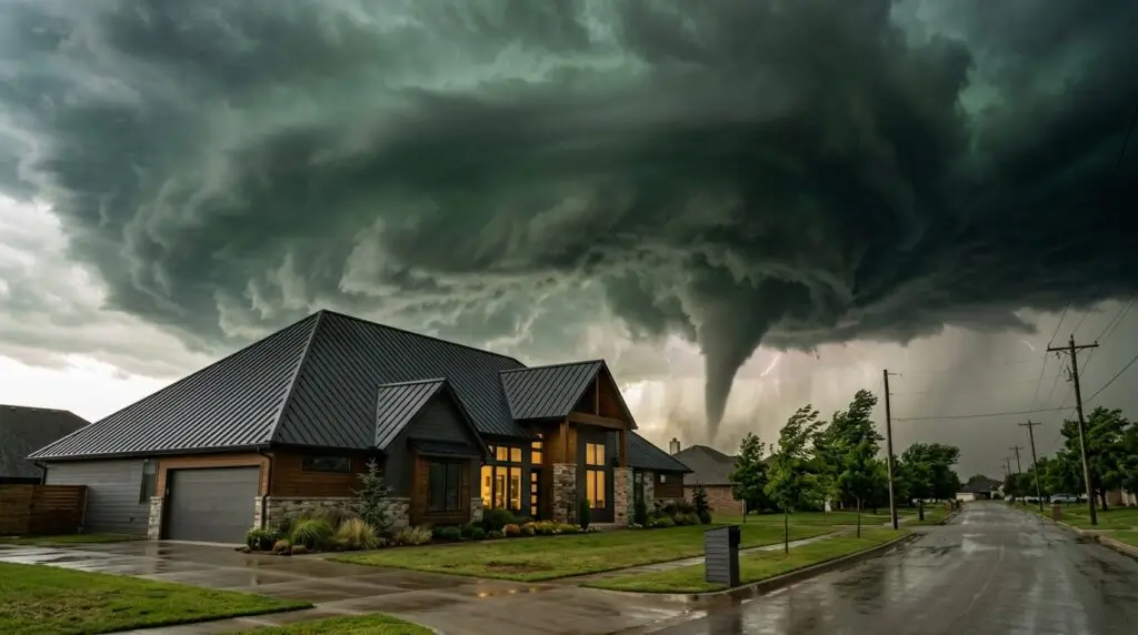 Metal roofing for tornado and wind resistance on an Oklahoma City home with storm clouds in the background