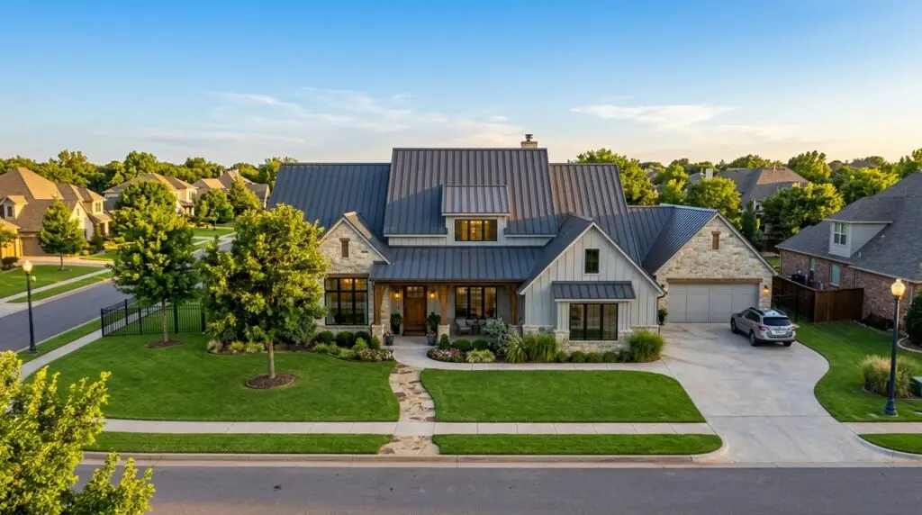 Oklahoma City home with standing seam metal roof installed in residential neighborhood under clear blue sky