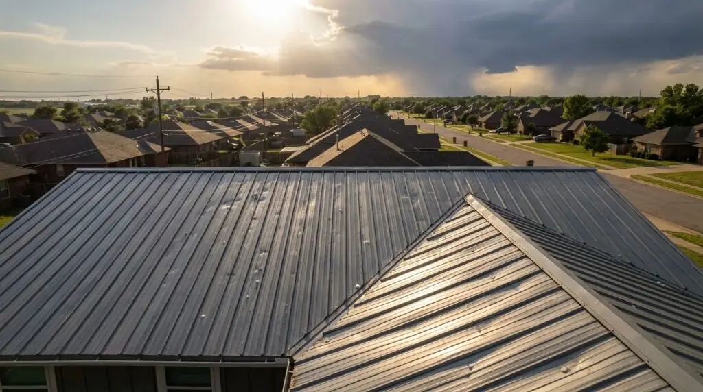 Metal roof on Oklahoma City home showing storm damage after hail and high winds