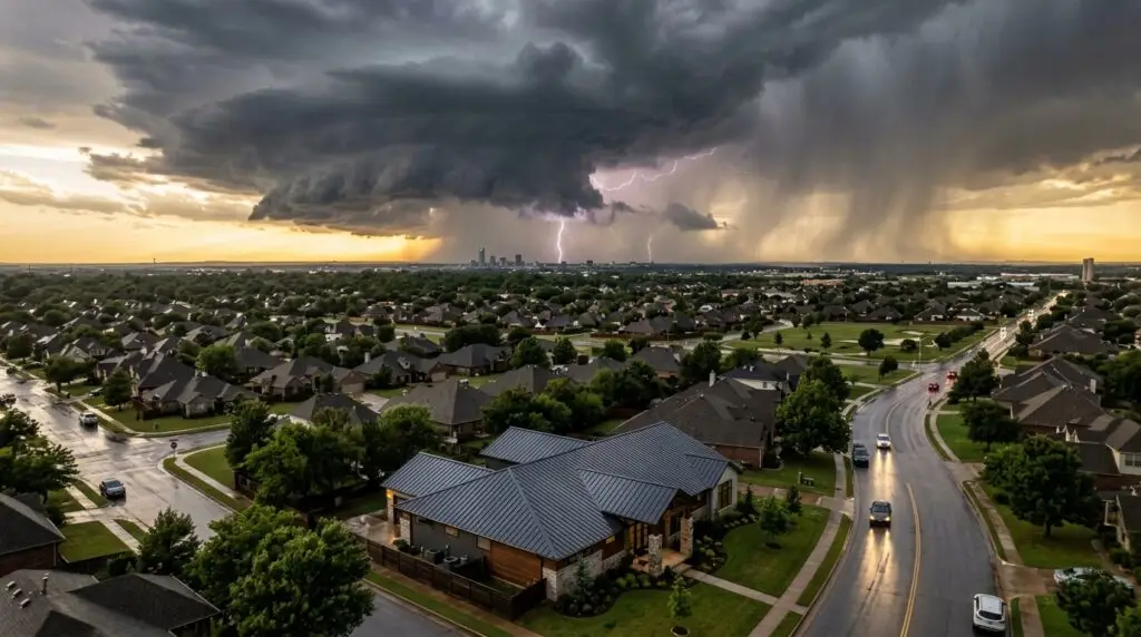 Oklahoma City home with standing seam metal roof during approaching severe thunderstorm showing roofing challenges unique to Oklahoma