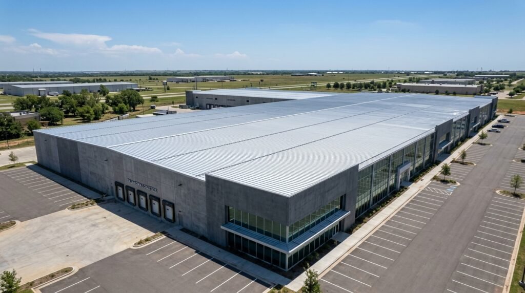 Reflective standing seam metal roof on a commercial building in Oklahoma City designed for energy efficiency