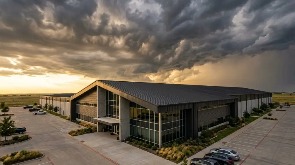 Commercial standing seam metal roof on an Oklahoma City building with storm clouds in the background