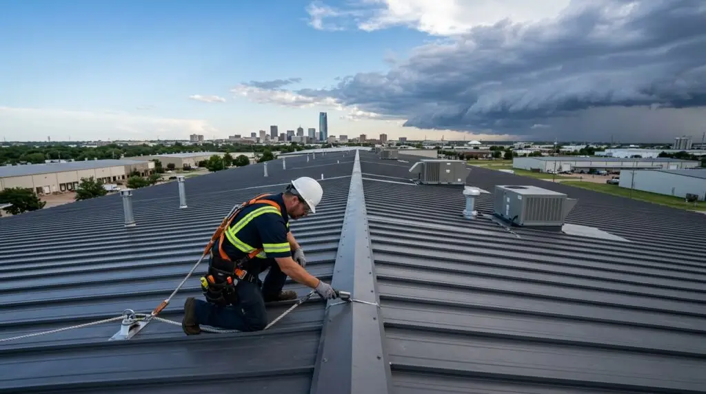 Commercial metal roof maintenance inspection on an Oklahoma City industrial building with storm clouds in the background
