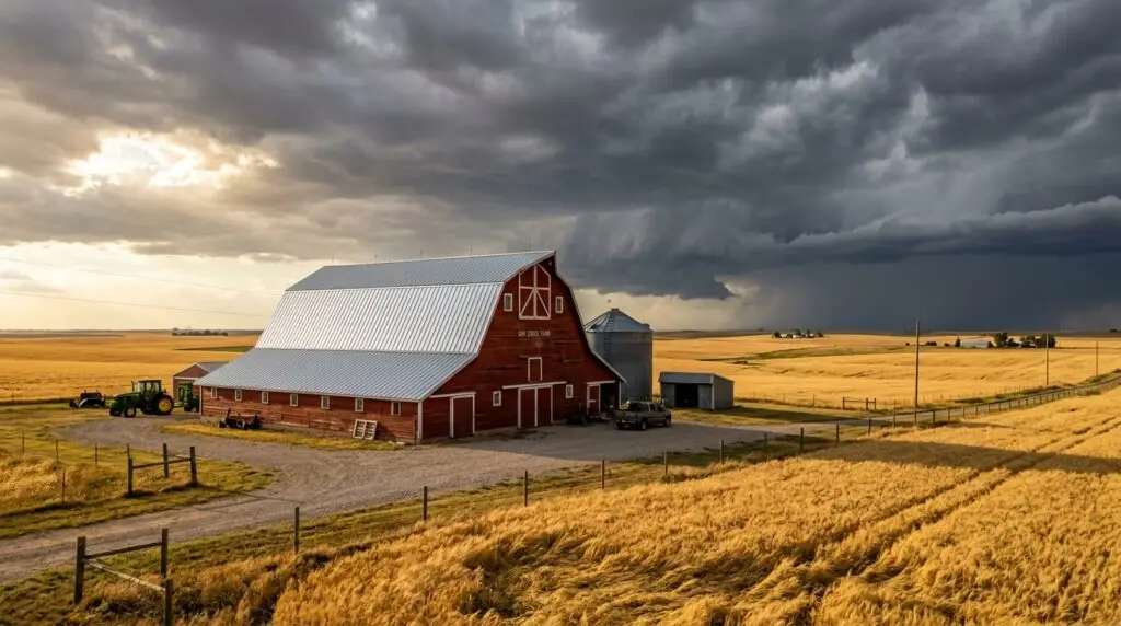 Metal roofing on Oklahoma farm barn with dramatic stormy sky in background