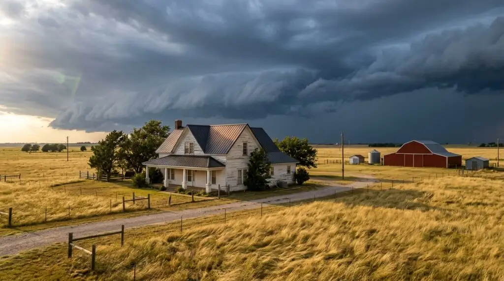 Standing seam metal roof on a rural Oklahoma farmhouse with storm clouds overhead and a metal-roofed barn in the background