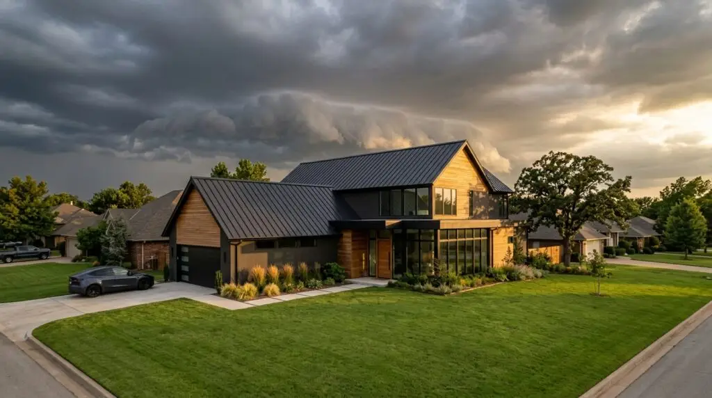 Oklahoma City home with standing seam metal roof under stormy sky showing wind and hail resistant roofing