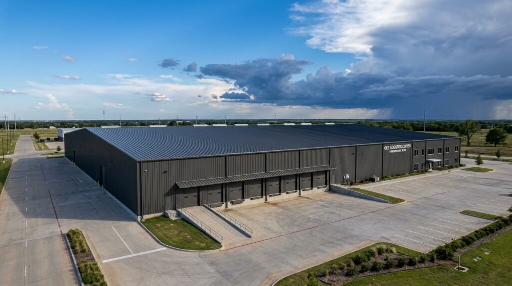 Standing seam metal roof on a commercial building in Oklahoma City with storm clouds in the background