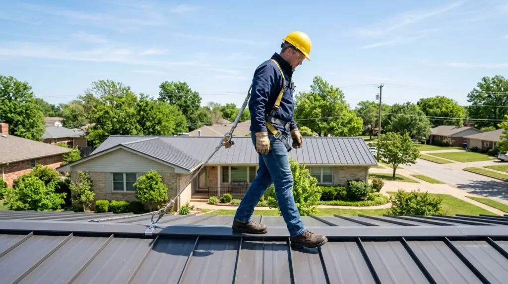 Roofing contractor safely walking on a standing seam metal roof in Oklahoma City