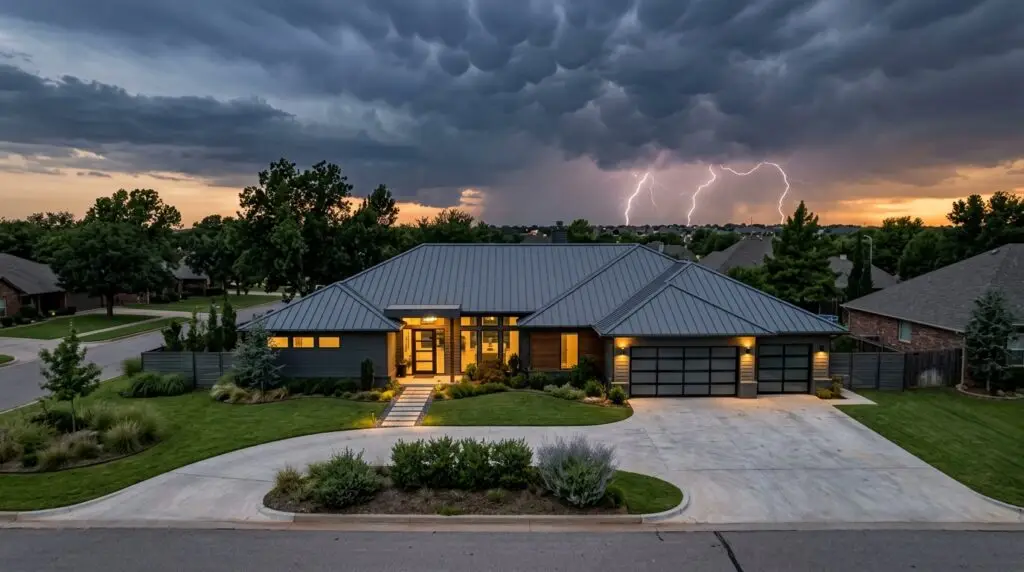 Metal roof home in Oklahoma City during a thunderstorm with lightning in the sky