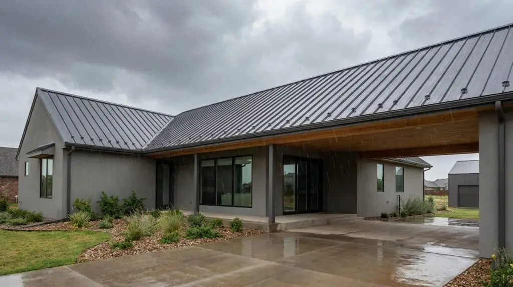 Standing seam metal roof on an Oklahoma City home during rainfall
