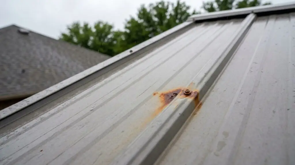 Close-up of surface rust forming on a metal roof seam in Oklahoma City