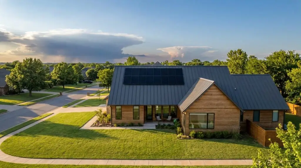 Solar panels mounted on a standing seam metal roof of an Oklahoma City home