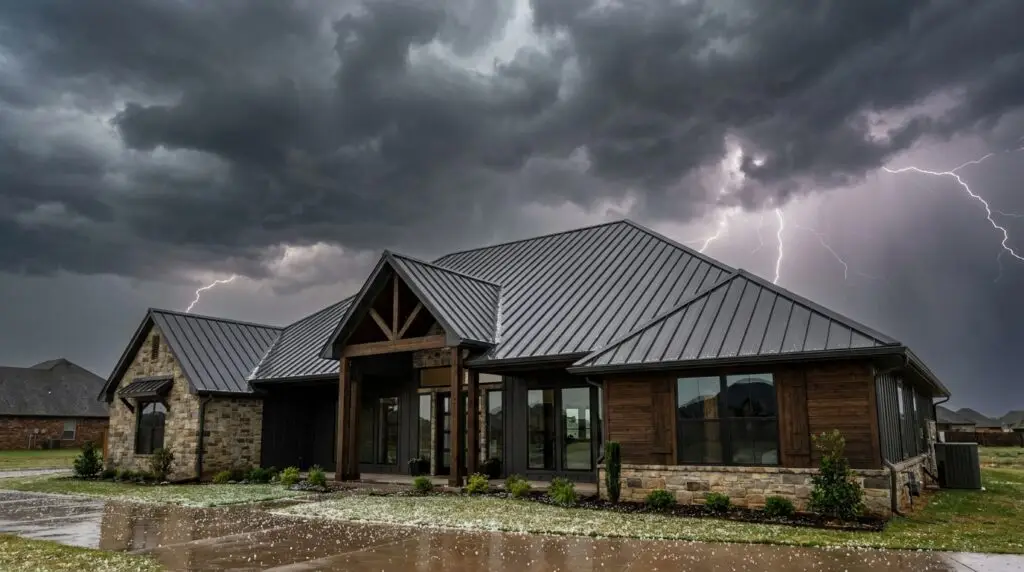 Standing seam metal roof on an Oklahoma City home under a stormy sky, built to resist hail and high winds