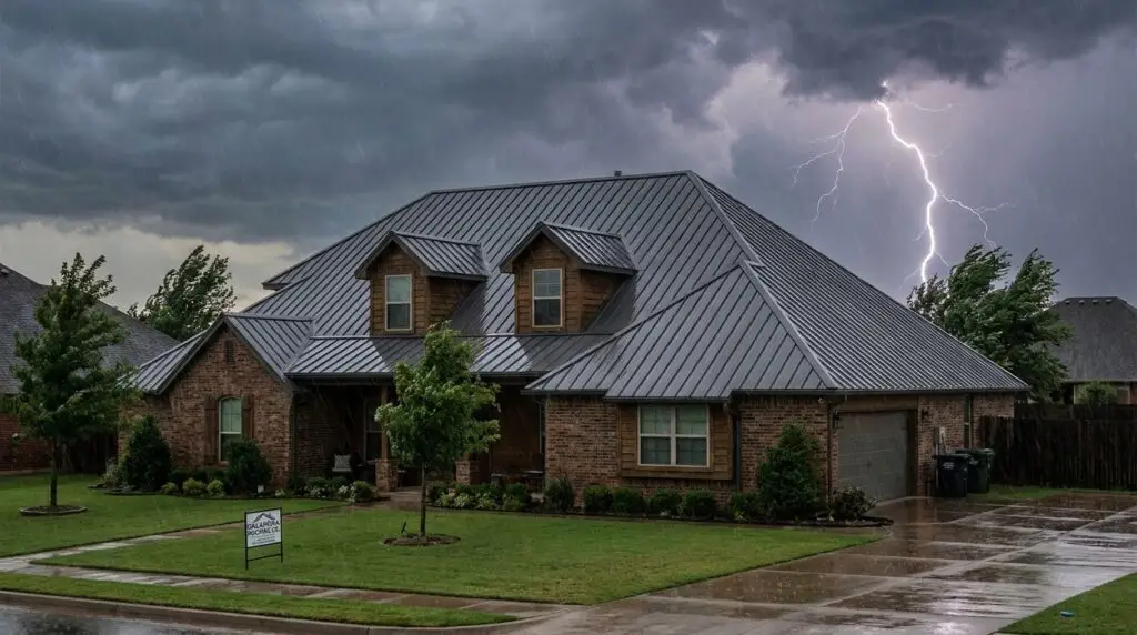 Metal roof on an Oklahoma City home during a lightning storm