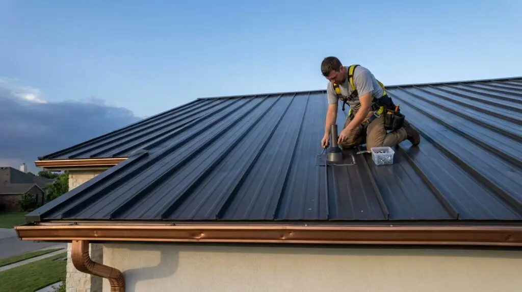 Oklahoma City roofer inspecting flashing on a standing seam metal roof to decide between repair and replacement